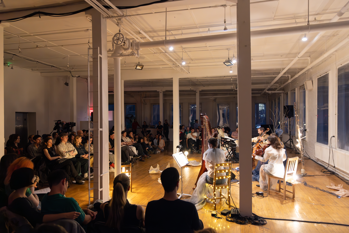 Esther Sibiude playing Harp with Ensemble at The Kitchen NYC